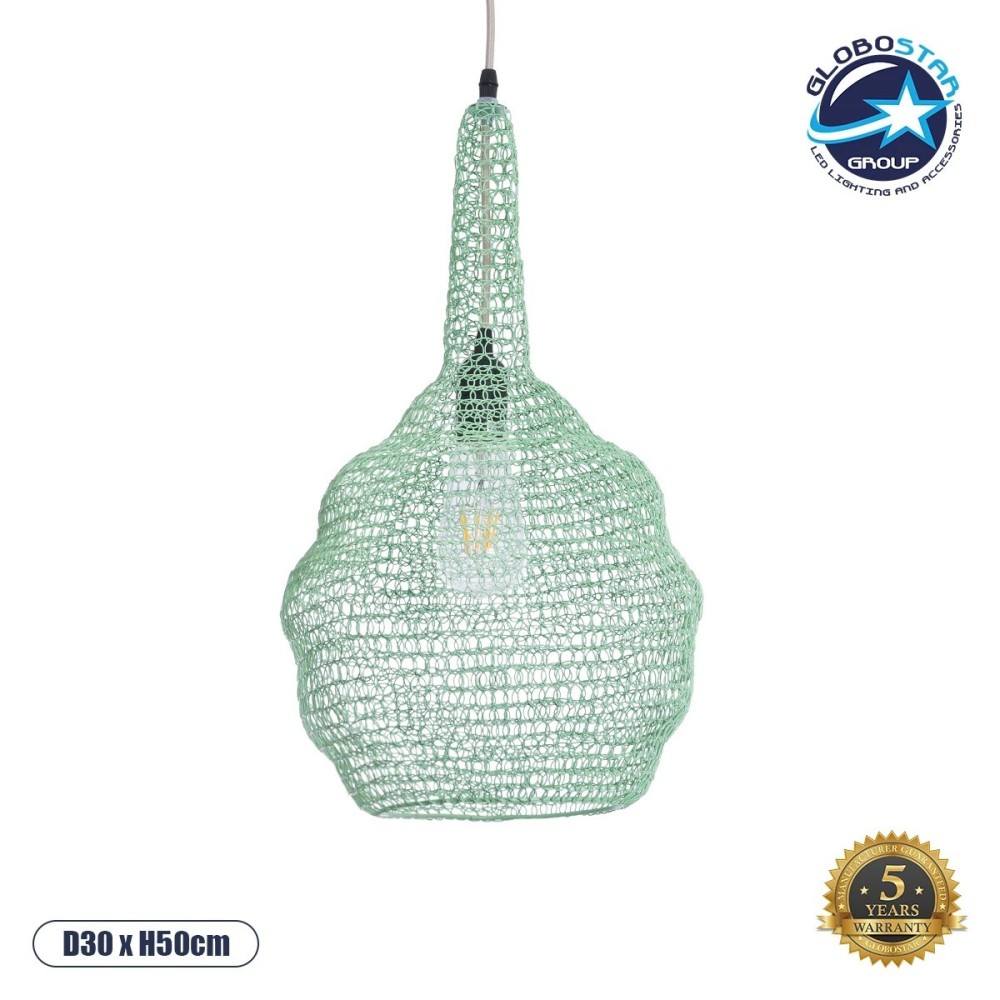 GLOBOSTAR® KENTUCKY 01882 Vintage Κρεμαστό Φωτιστικό Οροφής με Ντουί 1 x E27 AC 220-240V IP20 - Τιρκουάζ - Μ30 x Π30 x Υ50cm